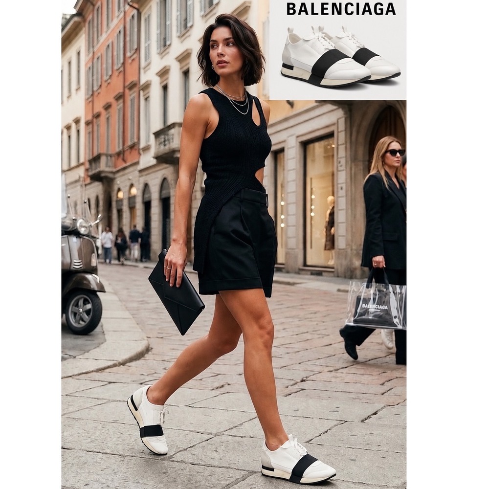 Balenciaga Race Runner Sneakers White Black Leather Mesh Suede Low Top EU 38